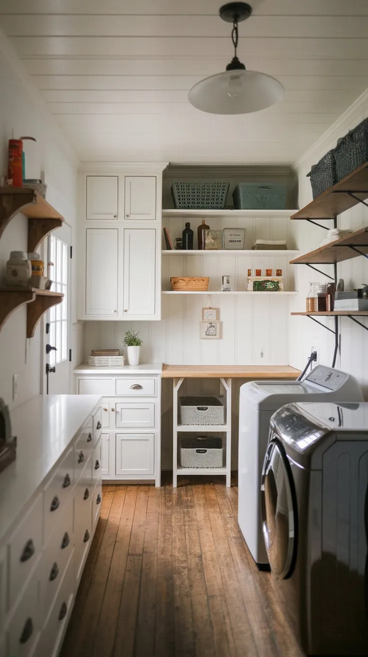 Charming farmhouse laundry room boasts white cabinets, open shelving, and a practical folding table, creating a functional yet stylish space