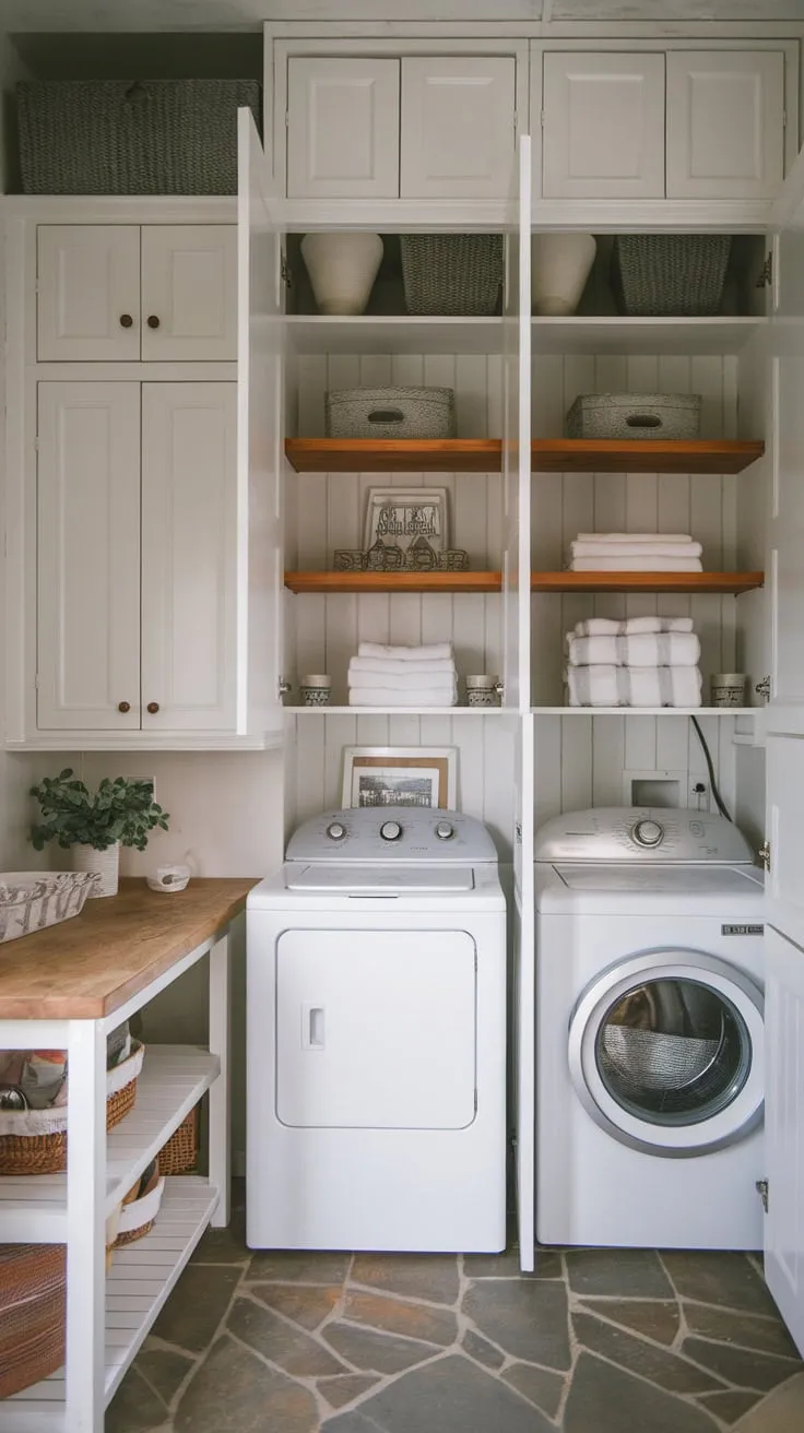 A cozy farmhouse laundry room maximizes small space with white cabinets, open shelving, and a convenient folding table.