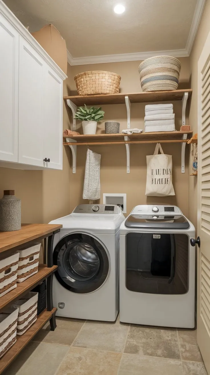 Charming farmhouse laundry room maximizes small space with white cabinets, wood shelves, and stylish storage solutions.