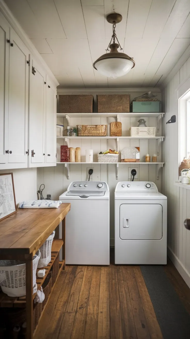A vintage-inspired laundry room boasts white cabinets, a wooden folding table, and open shelving, creating a functional yet stylish farmhouse space.