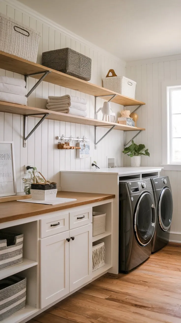 A bright and airy farmhouse laundry room boasts dark appliances, open shelving with decorative touches, and a welcoming wooden floor.