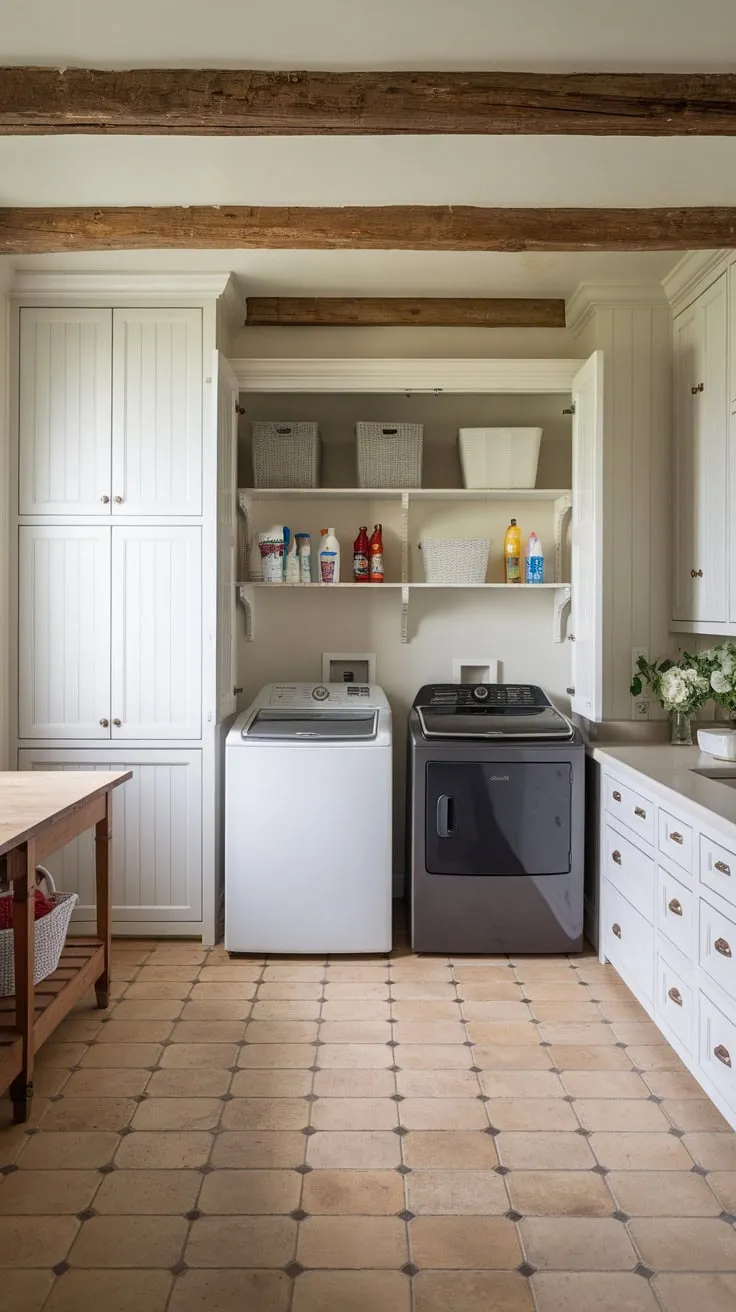 A farmhouse laundry room boasts white cabinets, beige tile, and a wooden folding table, creating a functional yet stylish space.