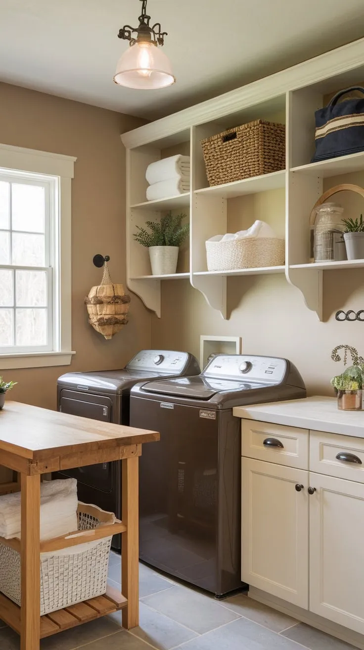 A vintage-inspired laundry room boasts a wood table, white cabinetry, and dark appliances, creating a warm and inviting space.