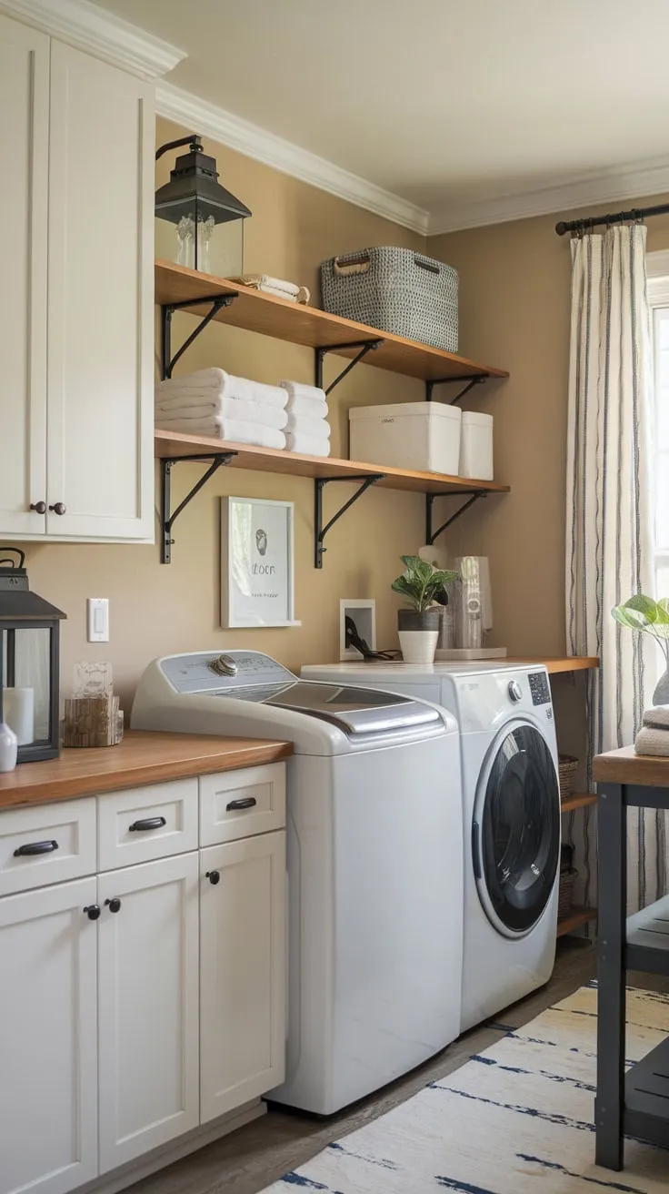 A bright farmhouse laundry room boasts white cabinets, wood accents, and practical features like a folding table, creating a functional yet inviting space.