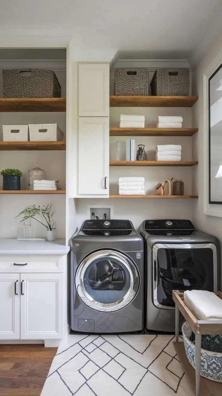 This compact farmhouse laundry room cleverly combines functionality and style using open shelving and a top-loading washer and dryer.