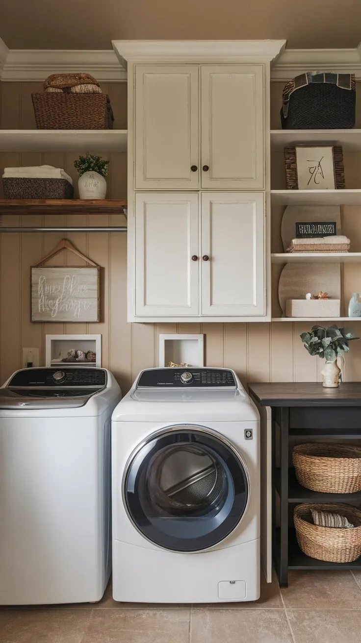 A bright beige farmhouse laundry room boasts white cabinets, a top-load washer, dark dryer, and charming open shelving, creating a functional yet stylish space.
