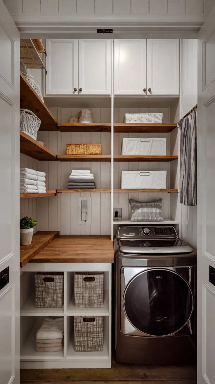 White cabinets and a folding table complete this small but perfectly organized farmhouse laundry room.
