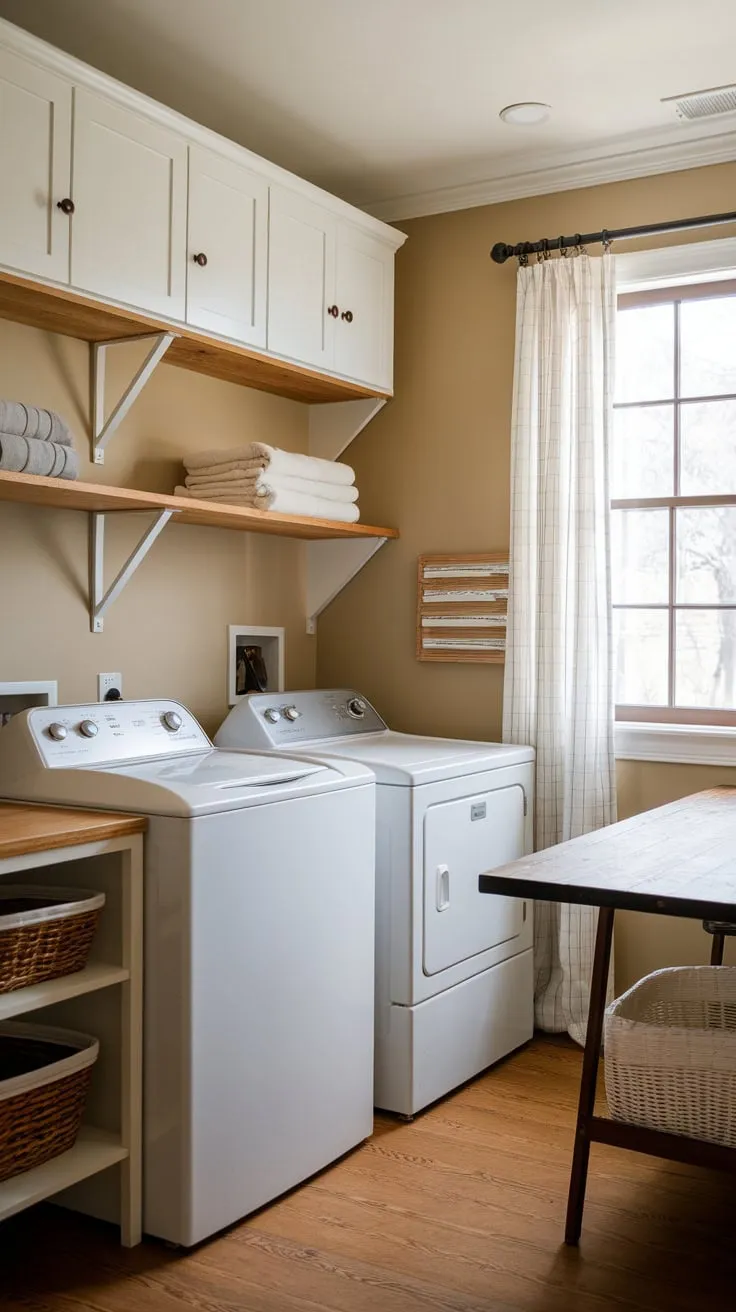 A cozy farmhouse laundry room boasts white cabinets, wood accents, and a practical layout perfect for efficient laundry chores.