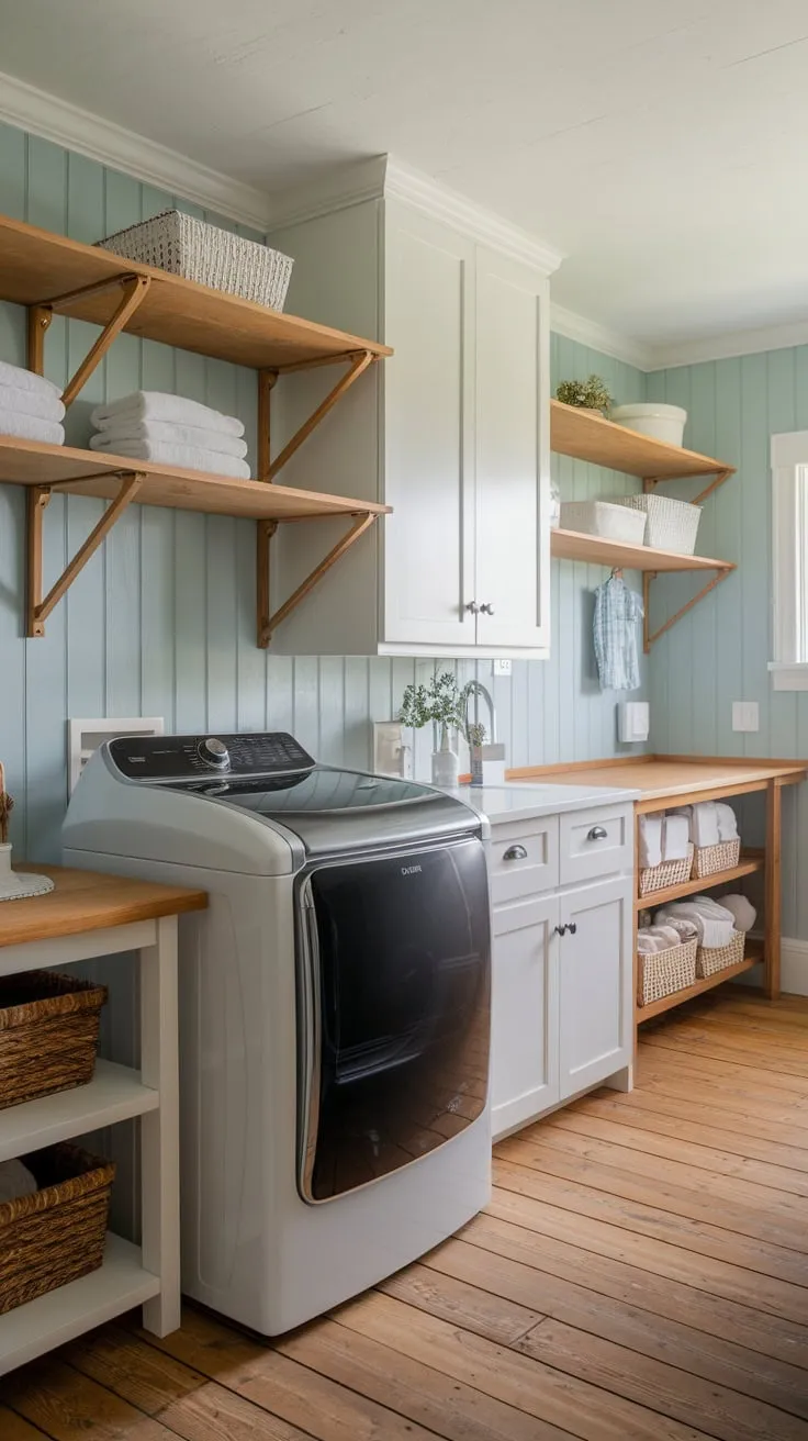A light blue farmhouse laundry room boasts white cabinets, wood shelving, and a convenient folding table alongside classic laundry appliances.