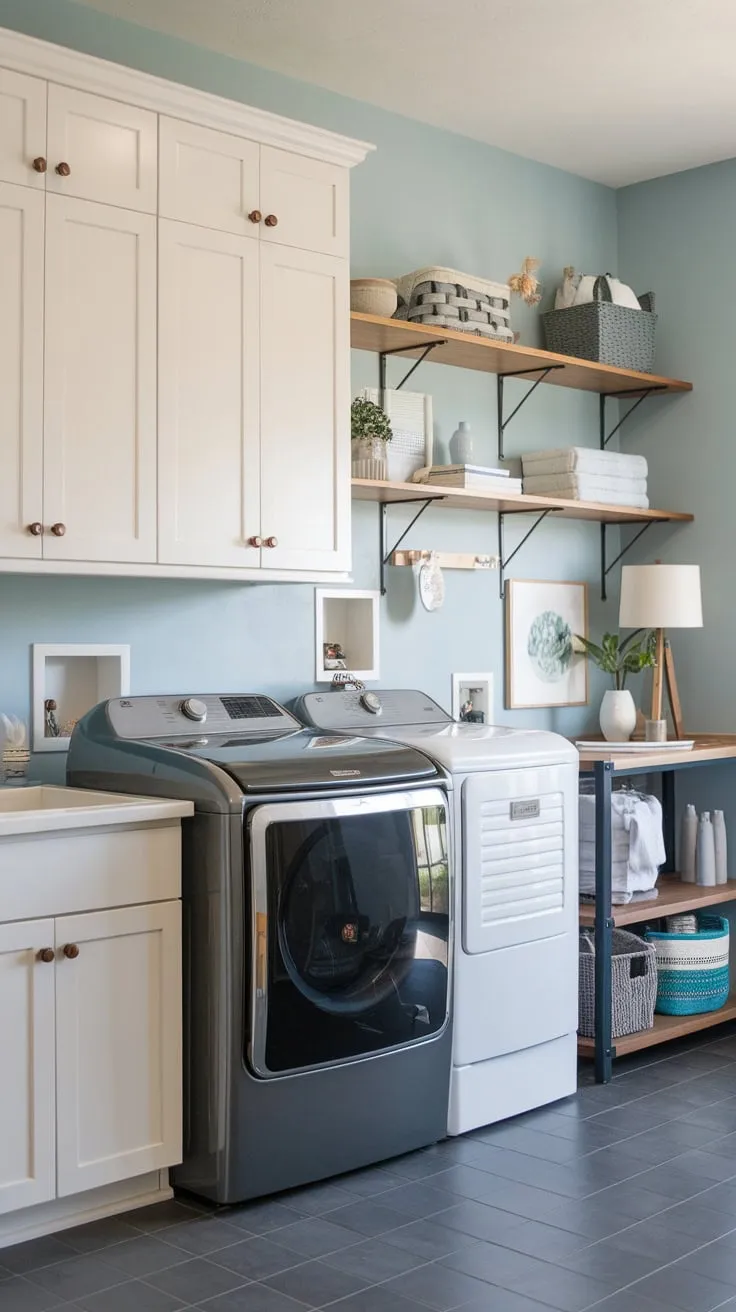 A light blue farmhouse laundry room boasts white cabinets, dark grey appliances, and open shelving showcasing charming home décor.