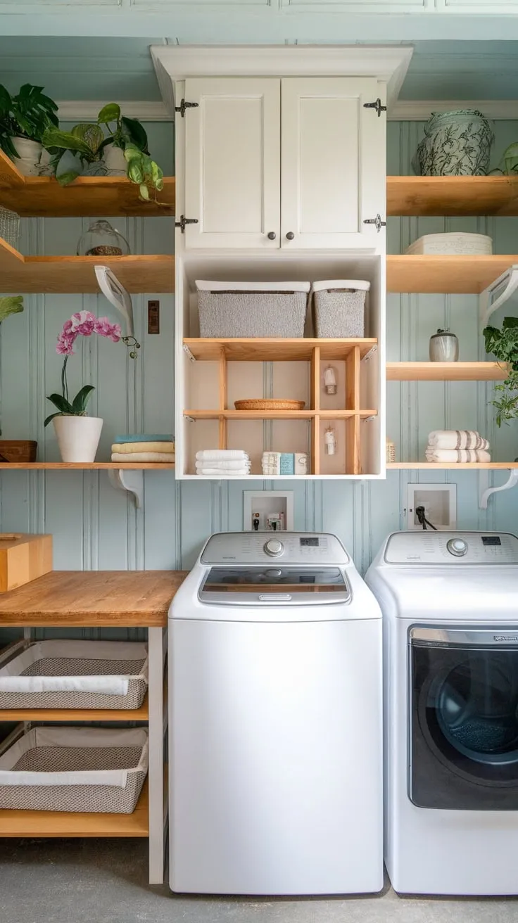 A light blue farmhouse laundry room boasts white cabinets, wood accents, and lush plants, creating a functional yet inviting space.