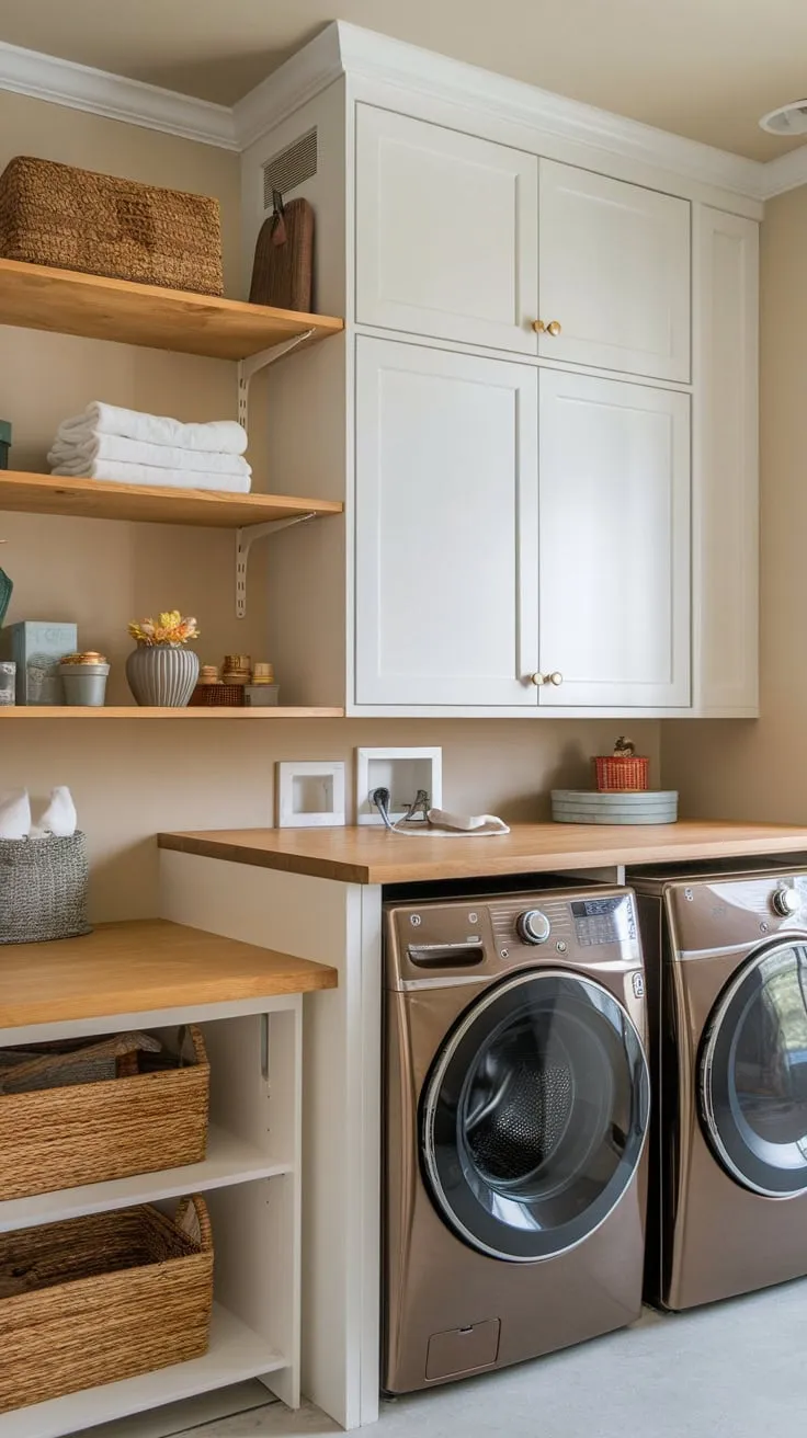 Charming beige-walled farmhouse laundry room boasts white cabinets, wood shelves, dark appliances, and a handy folding table.