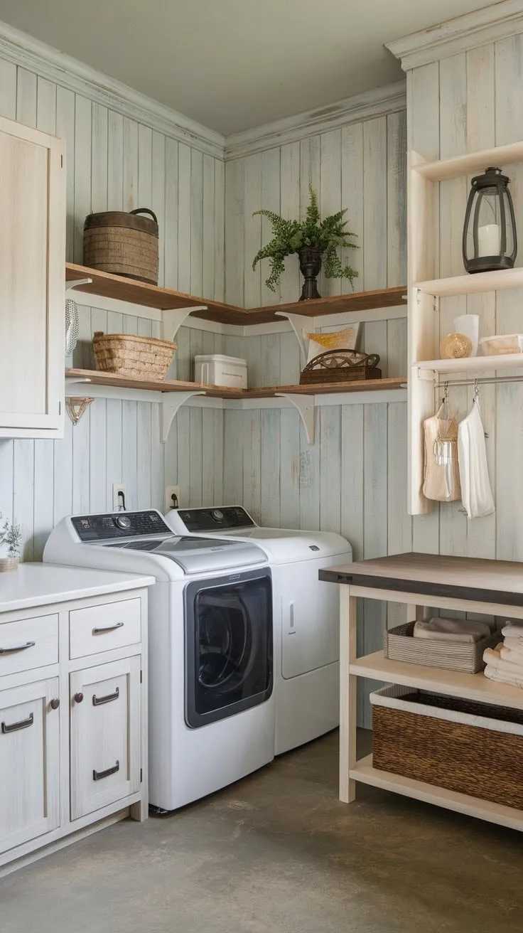 A weathered-white farmhouse laundry room boasts wood shelves, a folding table, and vintage-inspired accents above a cement floor.