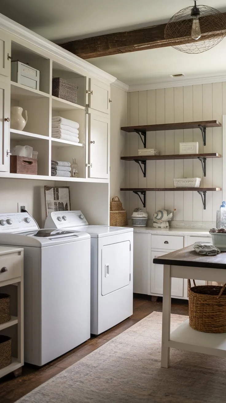 A vintage-inspired laundry room boasts white cabinets, a folding table, and dark wood accents for a functional yet charming space.