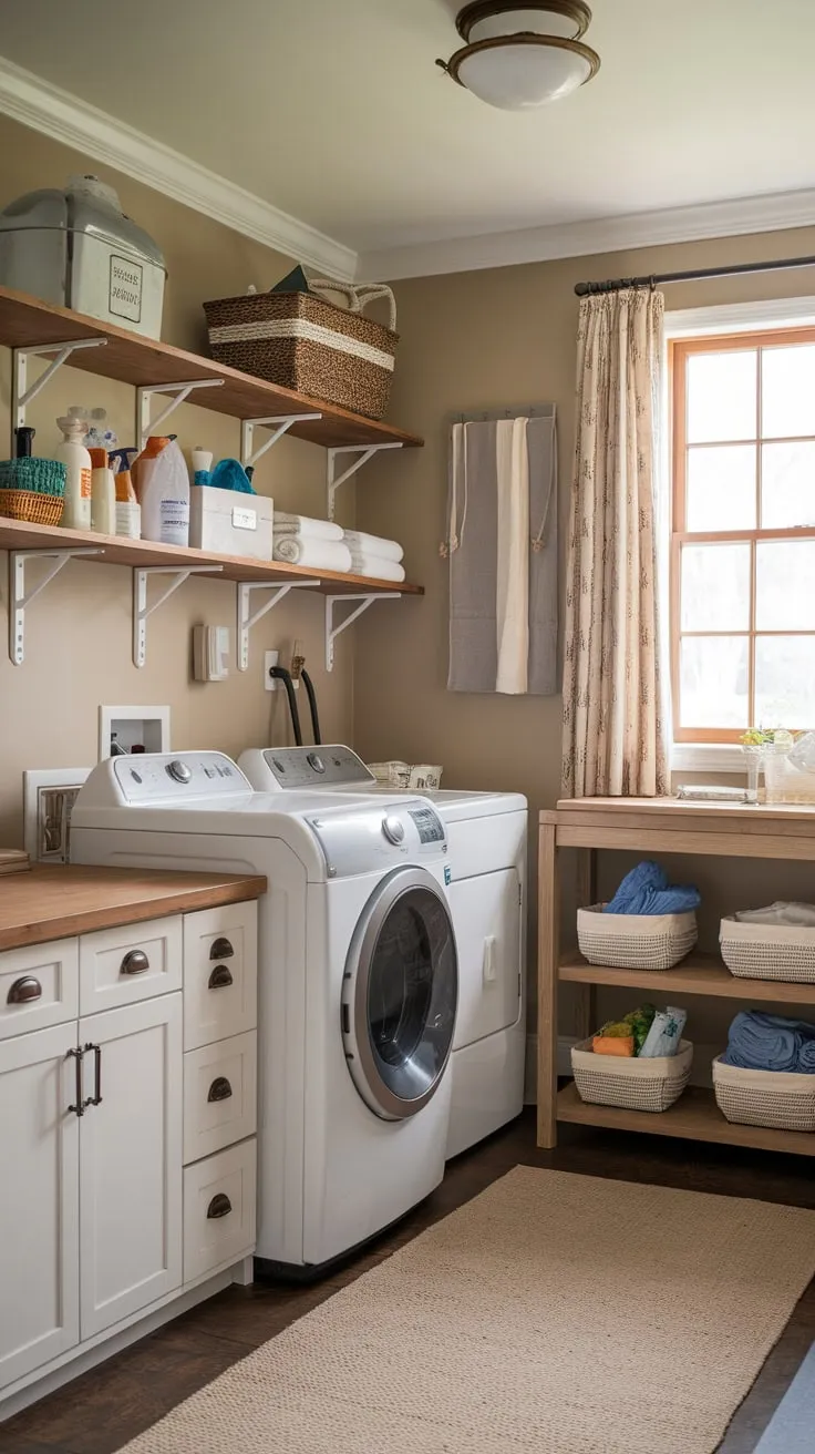 Charming farmhouse laundry room boasts white cabinets, a top-load washer and dryer, and wood shelving, creating a functional yet inviting space.