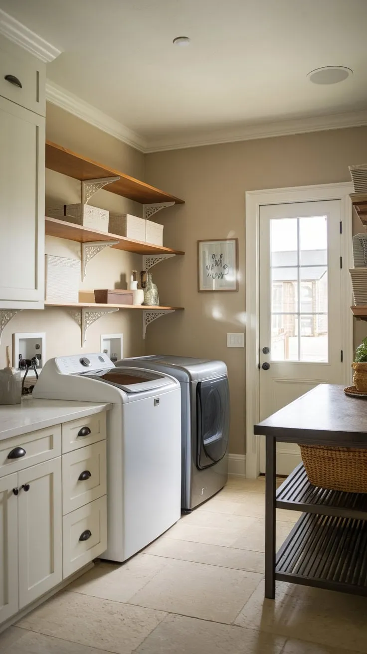 A bright farmhouse laundry room boasts white cabinets, wood shelves, and a practical layout perfect for efficient laundry chores.