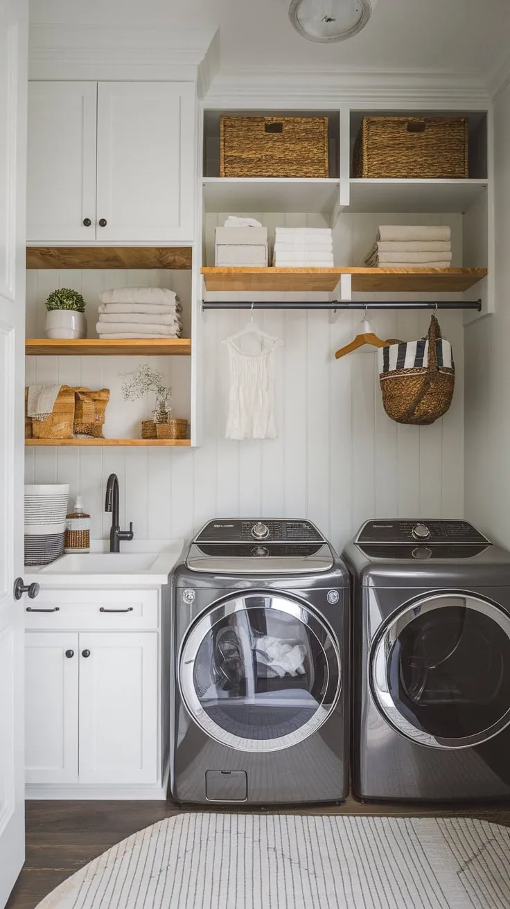 A cozy farmhouse laundry room cleverly uses open shelving and a folding table to optimize a compact space.