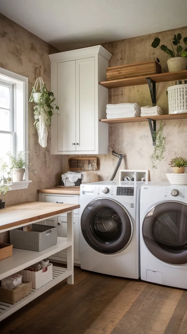 A cozy farmhouse laundry room maximizes small space with white cabinets, wood accents, and a folding table, creating a functional and inviting atmosphere.