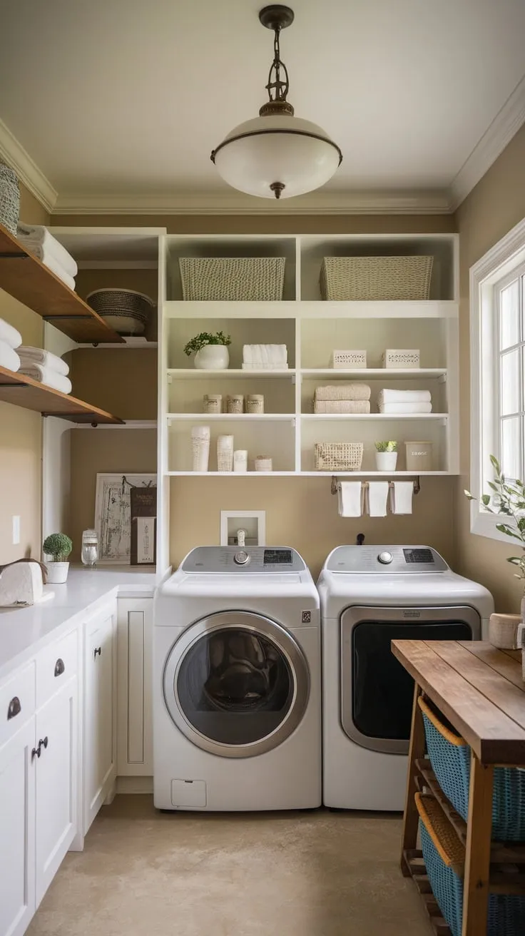 Charming farmhouse laundry room maximizes small space with white cabinets, wood shelving, and vintage lighting