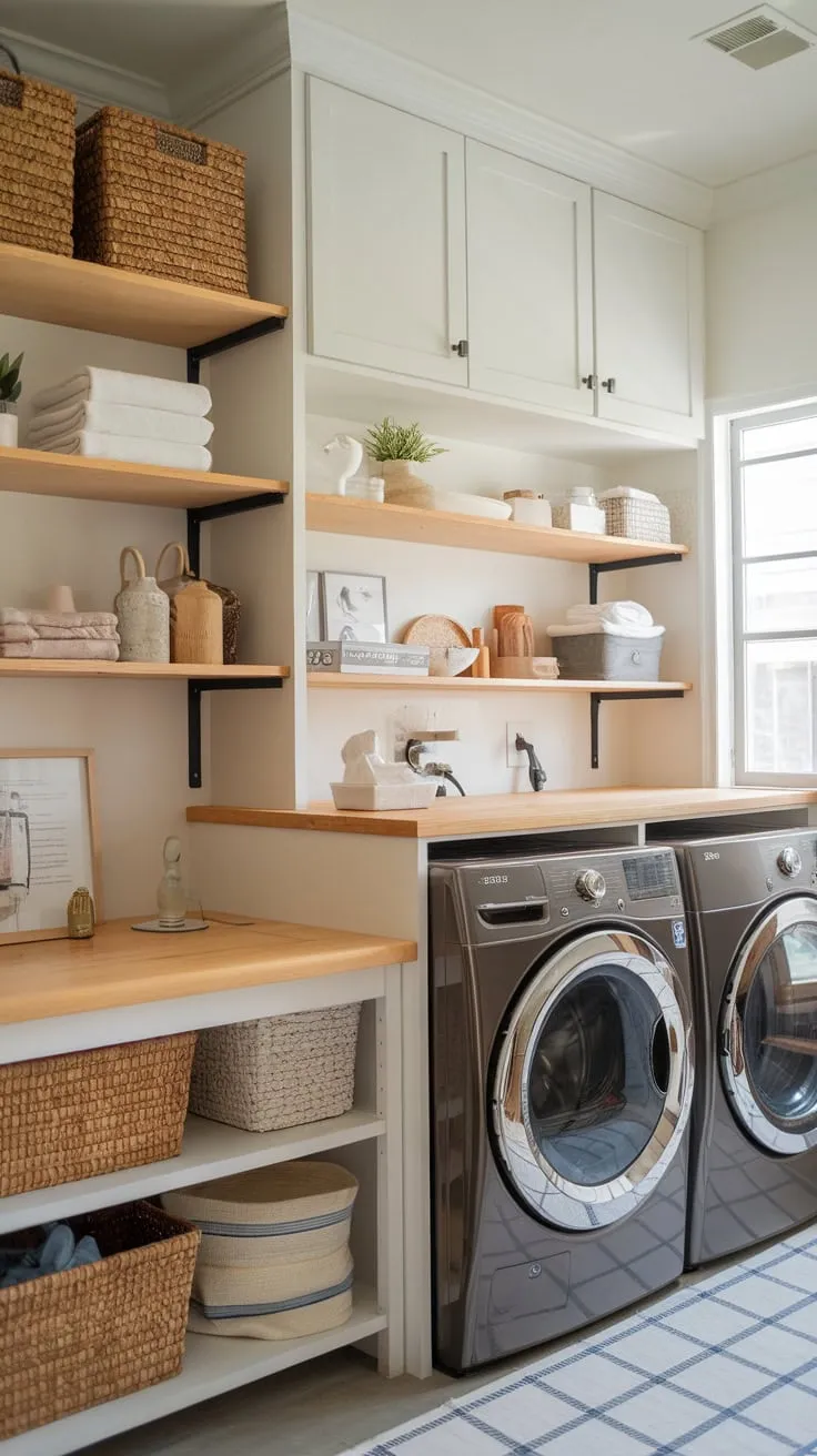 A charming farmhouse laundry room boasts white cabinets, dark appliances, and ample wood shelving for a functional yet stylish space.