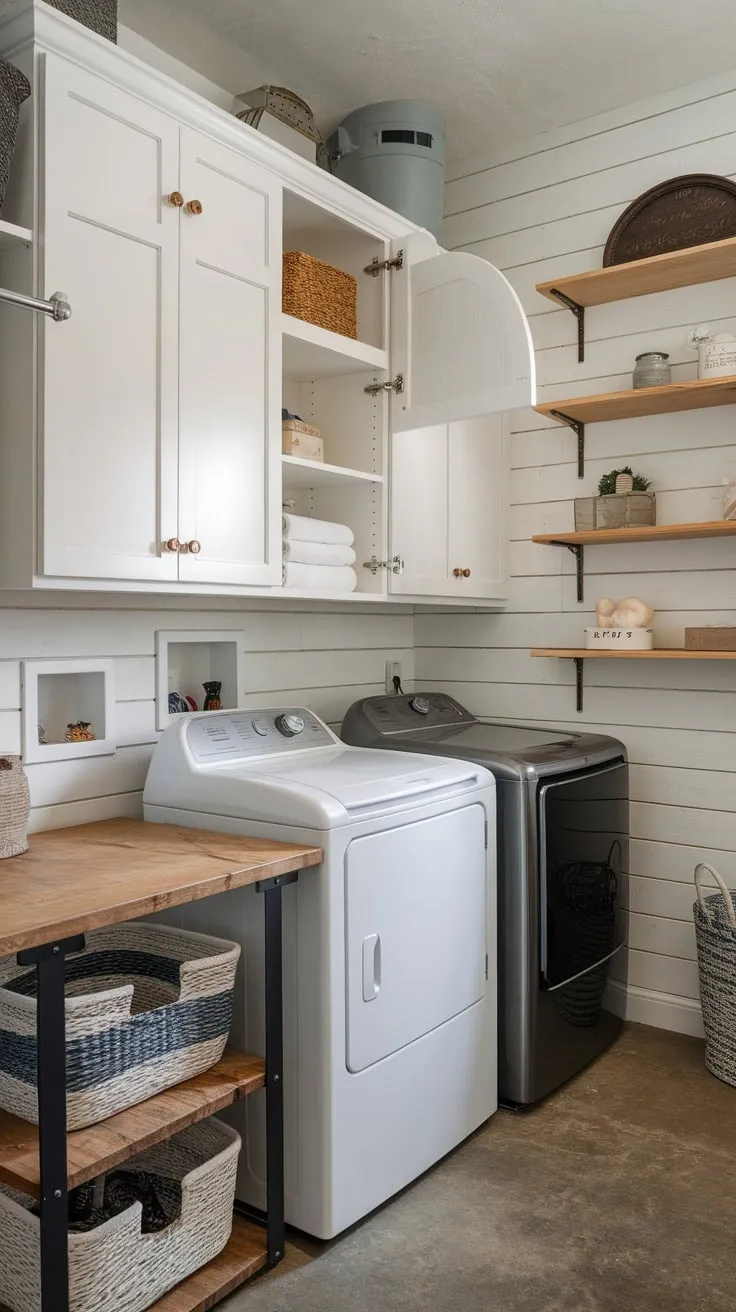 A charming farmhouse laundry room maximizes small space with white cabinets, open shelving, and a wooden folding table above a concrete floor.
