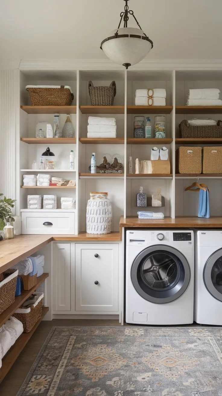 Charming farmhouse laundry room boasts white cabinets, wood shelves, and a patterned rug, creating a functional yet stylish space.