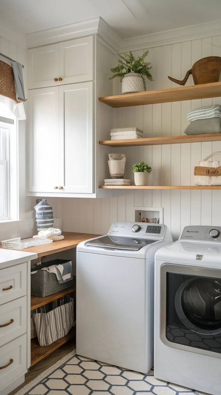 A charming farmhouse laundry room maximizes small space with white cabinets, wood shelves, and open shelving displaying decorative accents.
