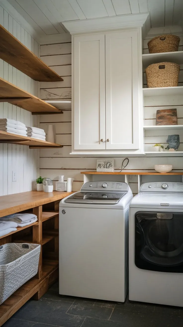 A cozy farmhouse laundry room boasts white cabinets, wood shelves, and practical workspace for efficient laundry routines.