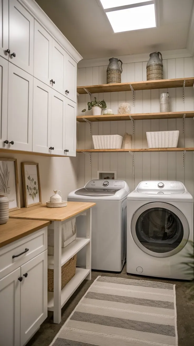 A compact yet stylish farmhouse laundry room boasts efficient storage and a cozy atmosphere.