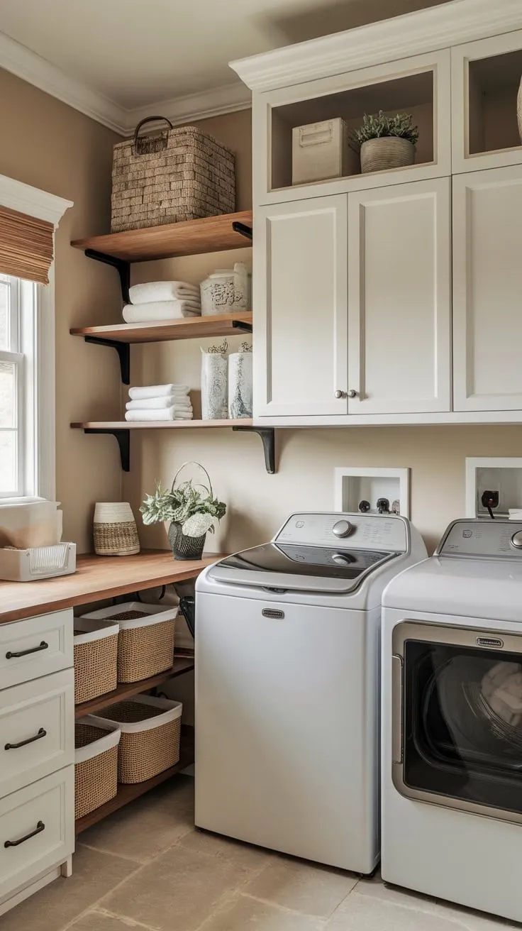 A charming farmhouse laundry room boasts white cabinets, open shelving, and a practical folding table alongside a top-loading washer and dryer.