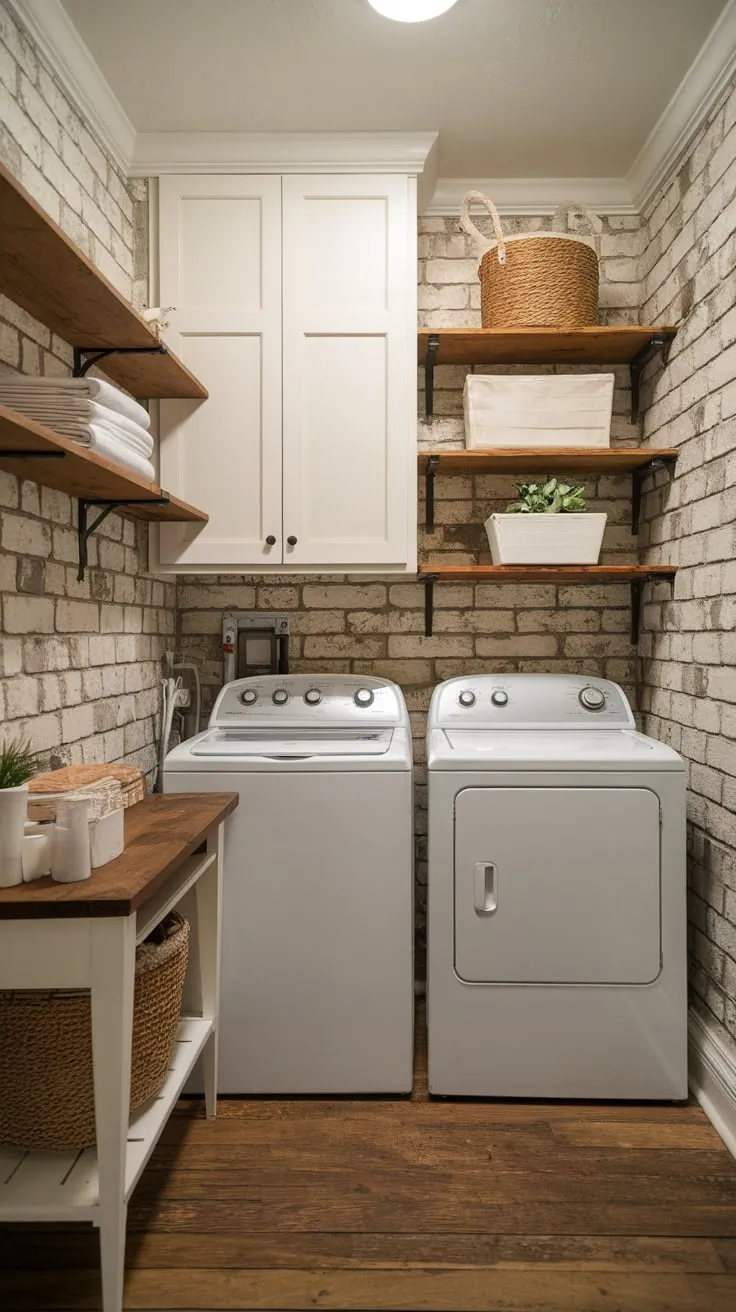 Charming farmhouse laundry room maximizes small space with white cabinets, wood accents, and a practical folding table.
