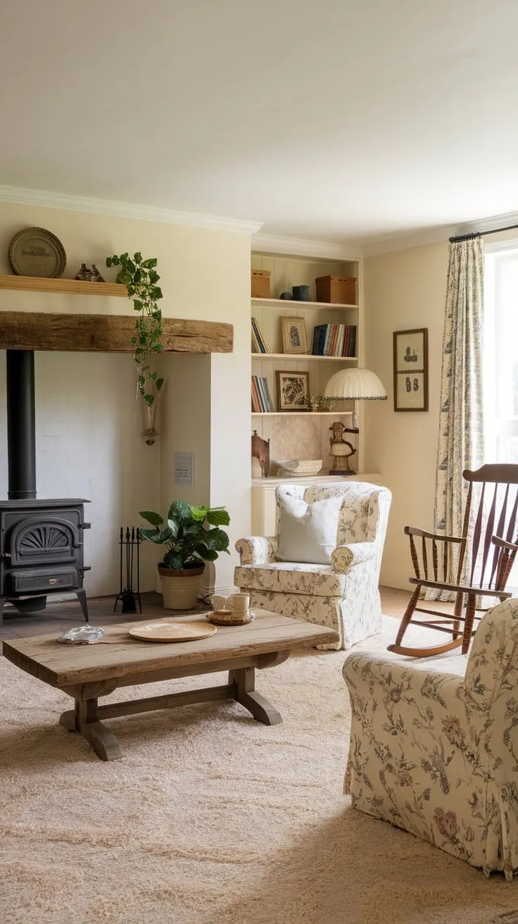 Cozy French farmhouse style fills a living room featuring a wood-burning stove, plush rug, and floral armchair.