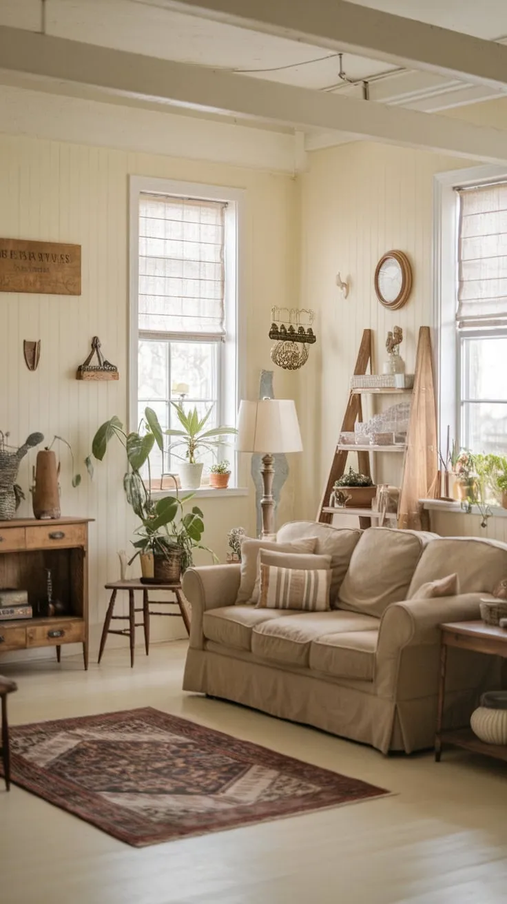 Creamy walls and vintage charm create a peaceful farmhouse living room, complete with wooden furniture, cozy textiles, and pops of greenery.