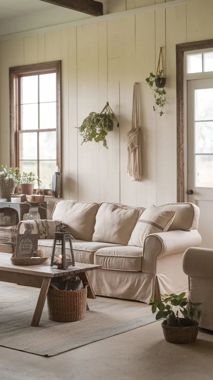 Cream walls and wood accents create a serene vintage farmhouse living room, complete with cozy seating and carefully chosen décor.