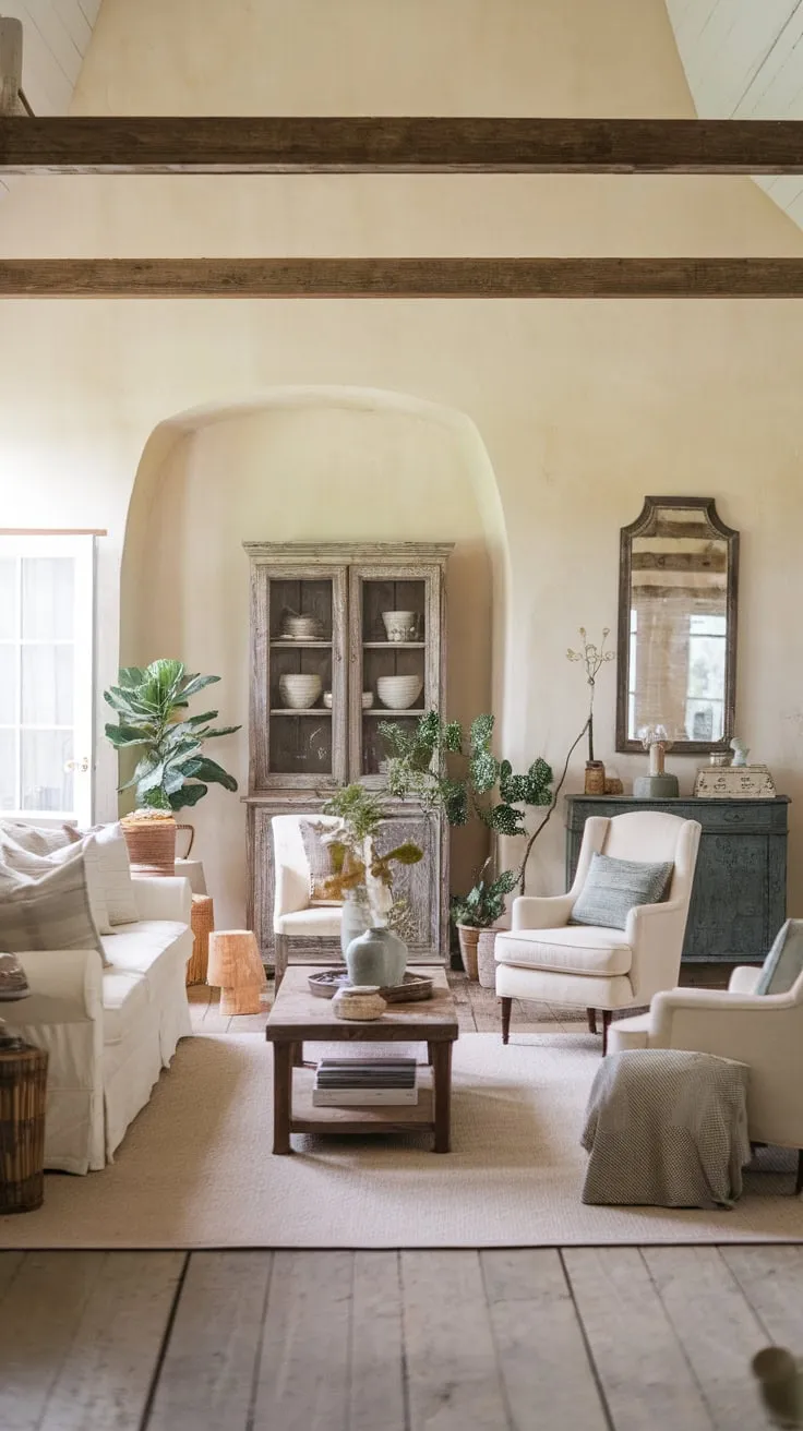 Creamy walls and wooden accents create a serene French farmhouse living room, complete with plush seating and vintage charm.