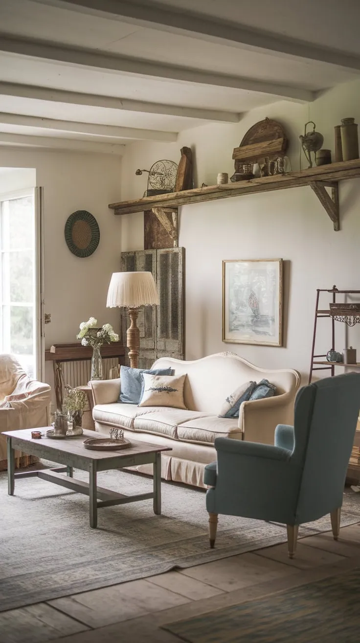 A serene farmhouse living room, styled with vintage French accents, offers a cozy retreat.