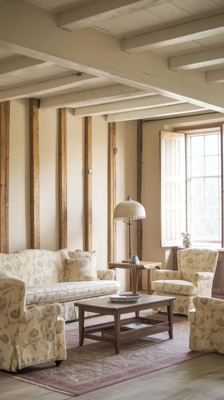 Vintage charm and floral patterns define this serene farmhouse living room, complete with wooden beams and a cozy atmosphere.