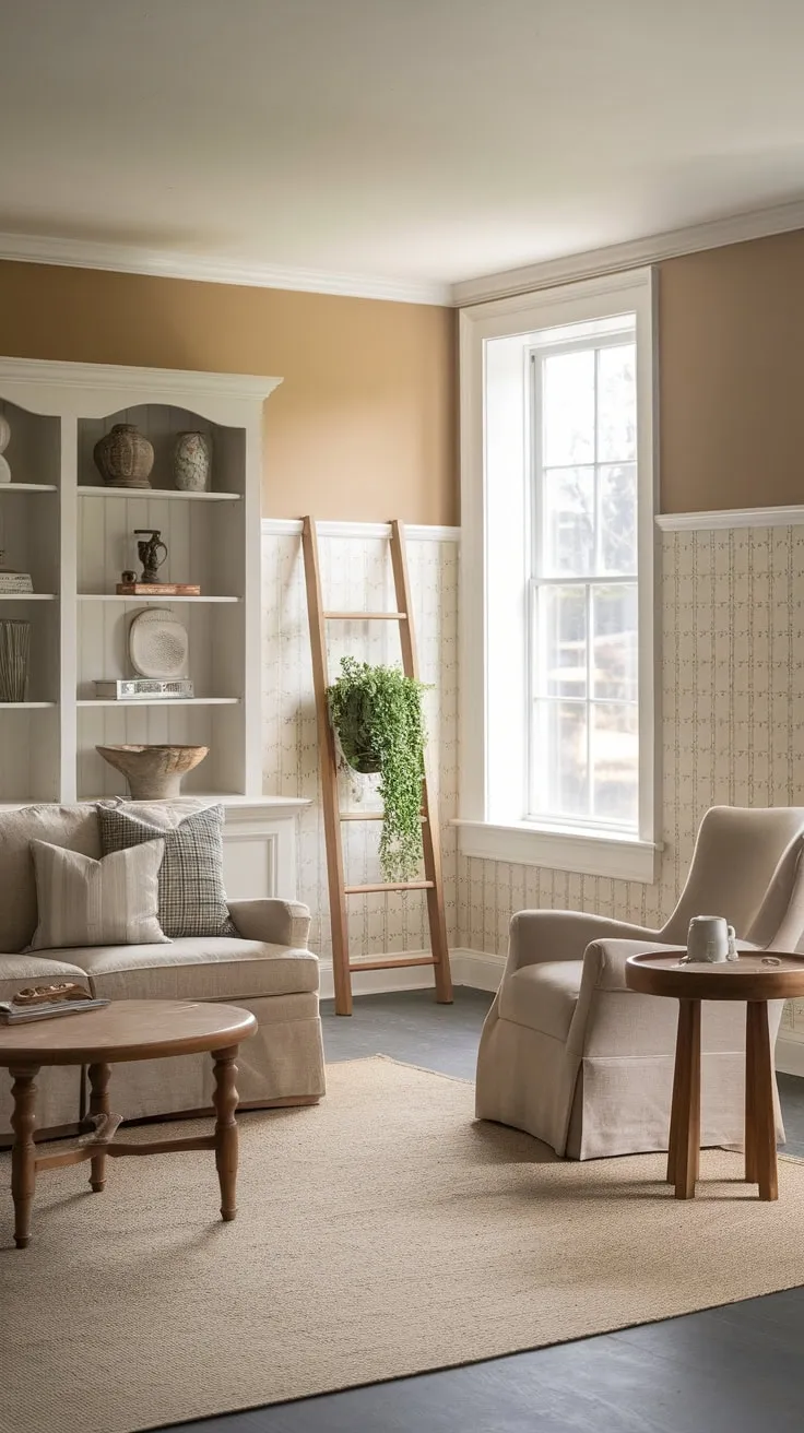 A cozy farmhouse living room evokes vintage charm with its beige palette, wooden details, and natural light streaming through a white-framed window.