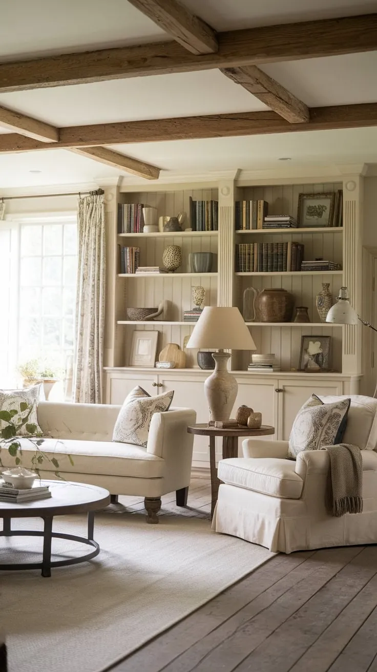 A serene farmhouse living room, bathed in cream tones and featuring vintage French accents, blends modern comfort with wooden warmth.