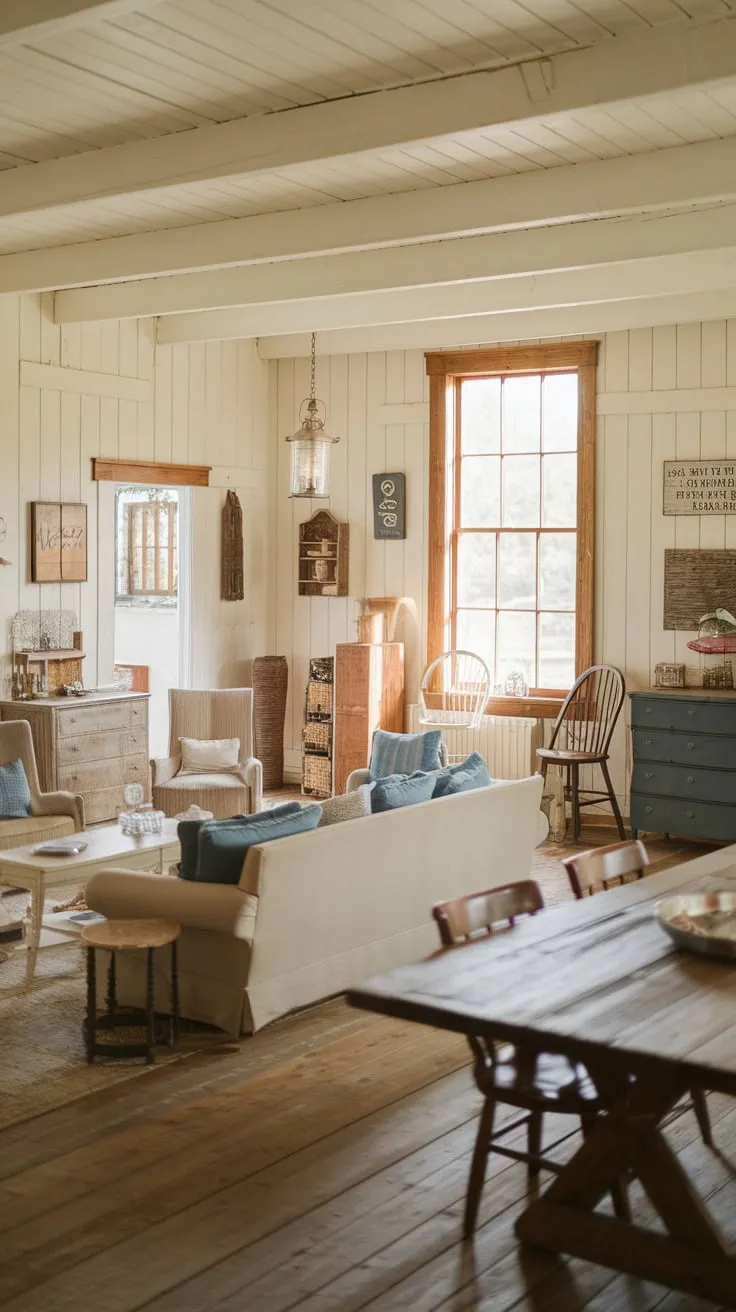 Cream walls, wooden floors, and vintage furnishings create a cozy farmhouse living room bathed in natural light.