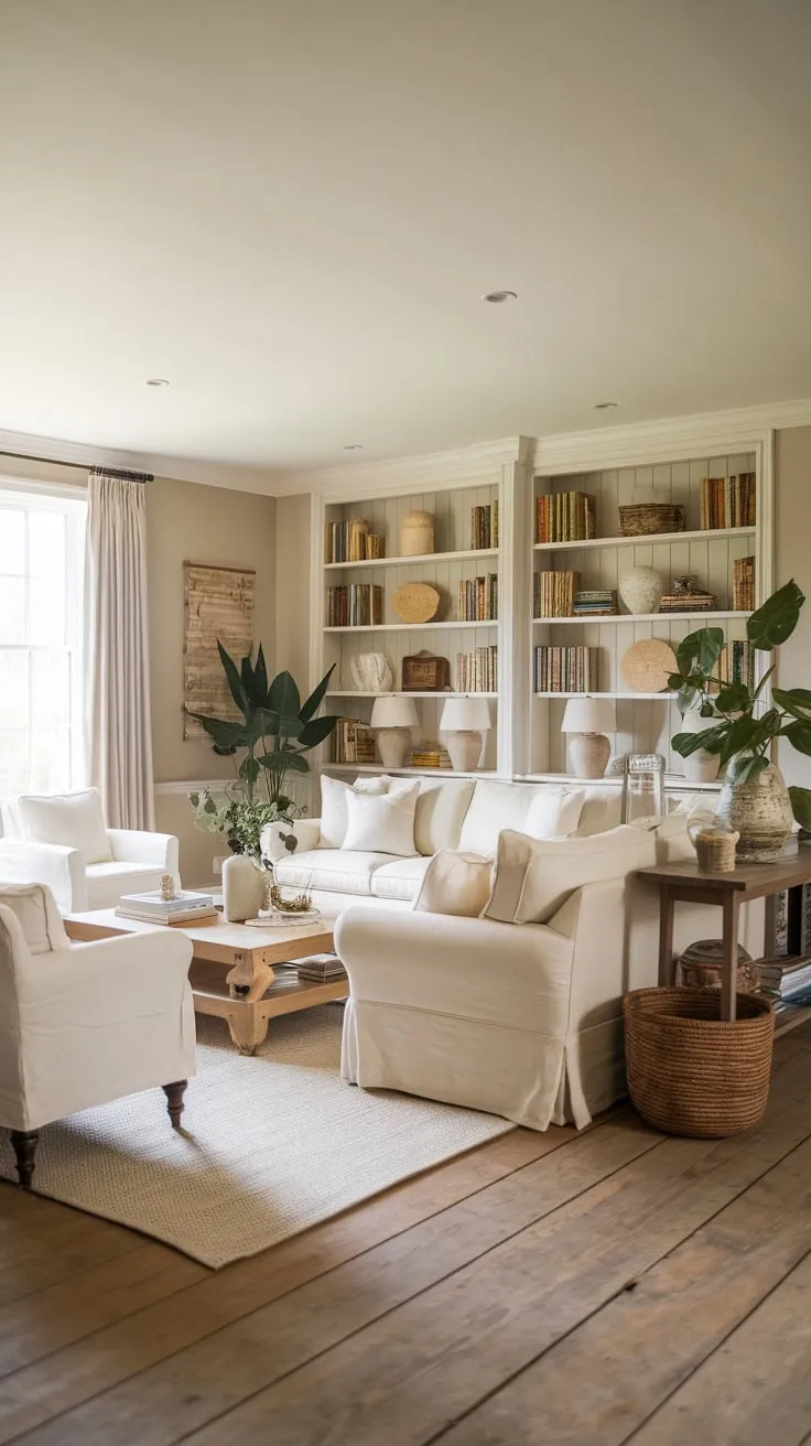 Creamy walls, white furniture, and wide wooden planks create a serene and cozy farmhouse living room perfect for relaxation.