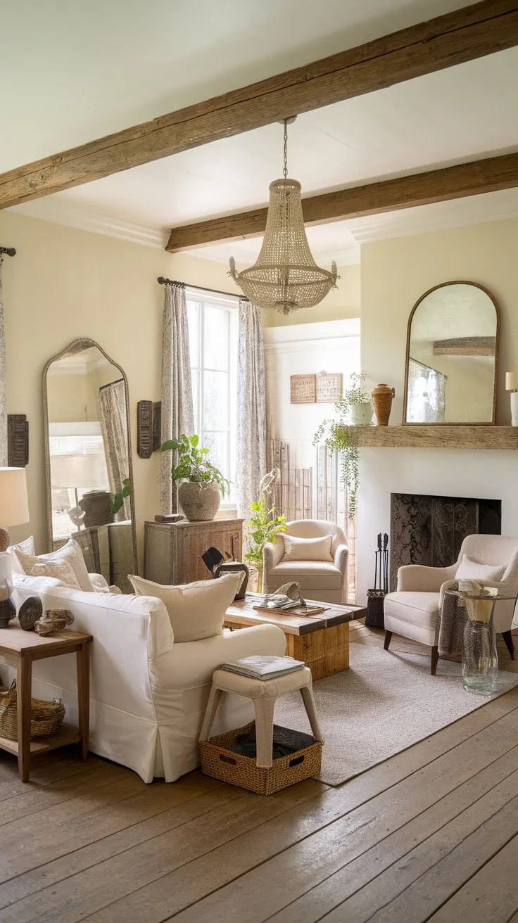 Cream walls, wood floors, and a vintage French touch create a cozy farmhouse living room perfect for relaxation.