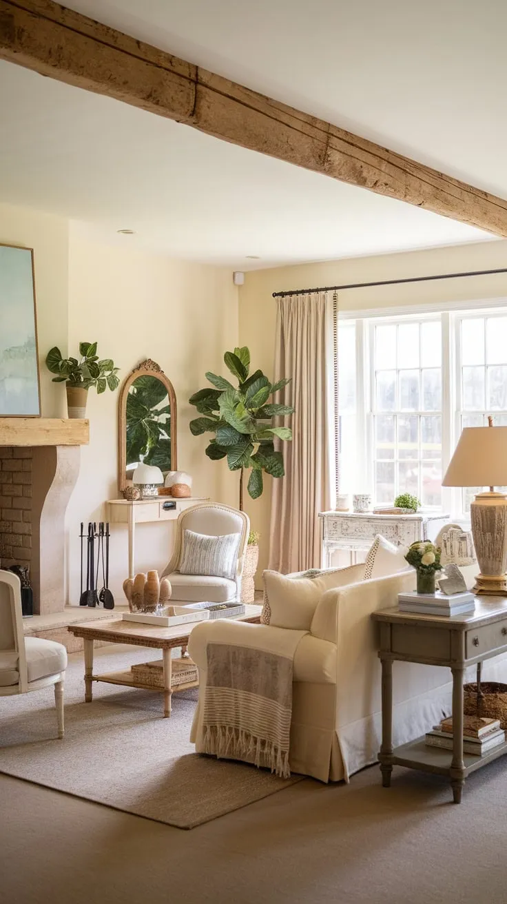 Cozy cream-colored farmhouse living room boasts vintage French charm, complete with a stone fireplace, wooden beams, and comfortable seating.