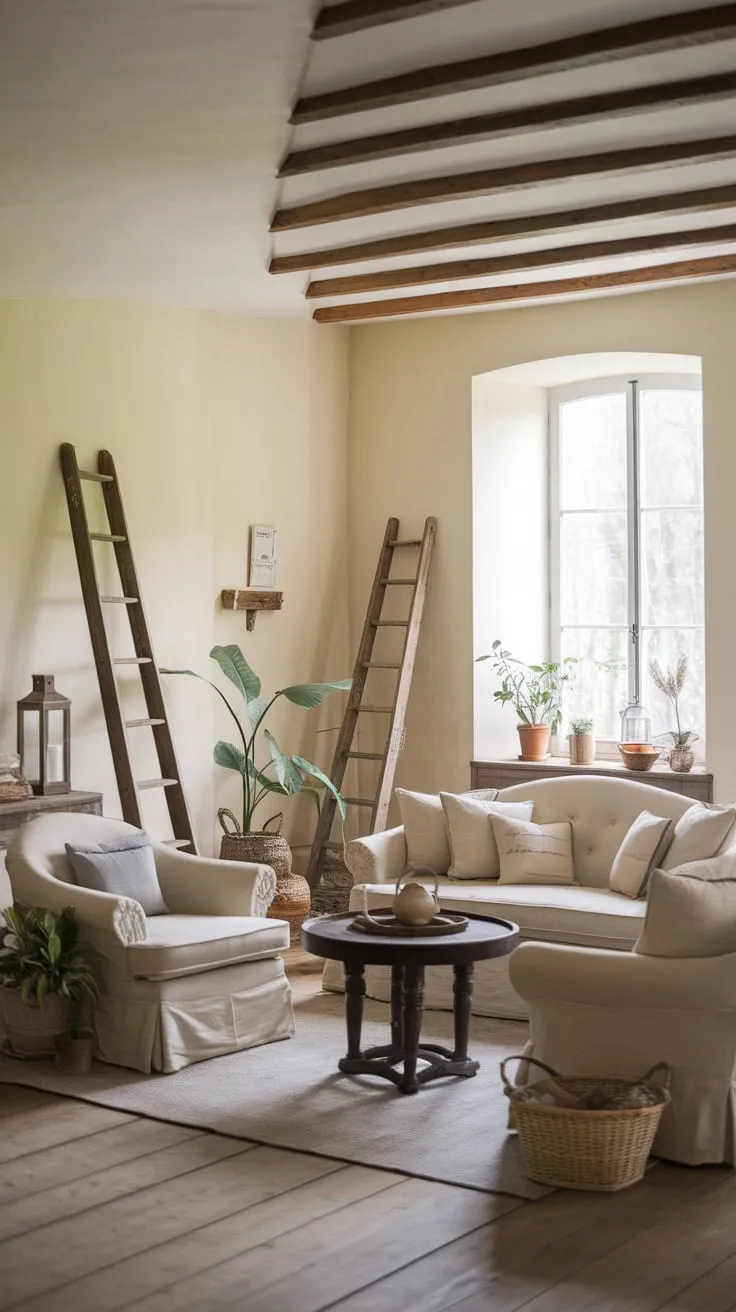 Cream walls and wooden beams frame a cozy farmhouse living room, where vintage French accents and natural elements create a serene atmosphere.