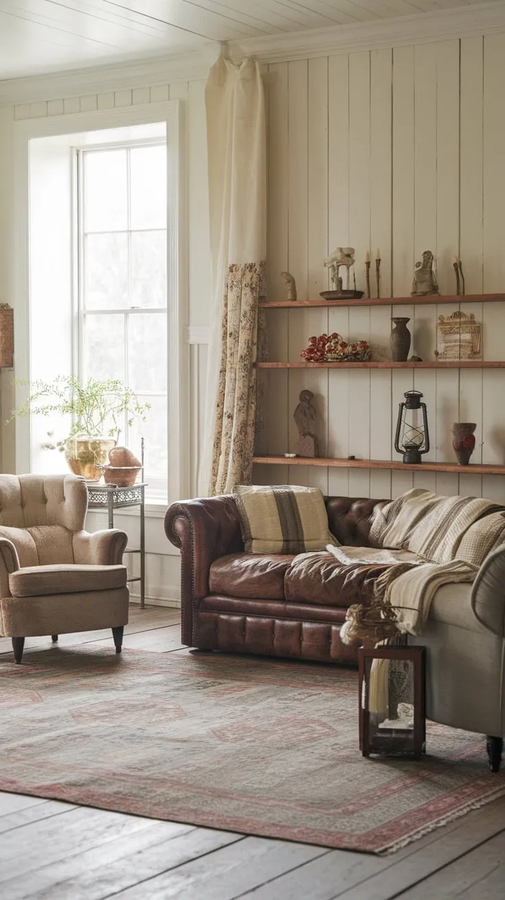 Creamy textures, worn leather, and vintage accents create a serene farmhouse living room brimming with cozy warmth.