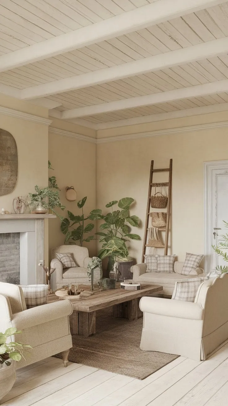 Cream walls and a wood-plank ceiling highlight a serene farmhouse living room featuring vintage accents, comfortable sofas, and a large wooden table.
