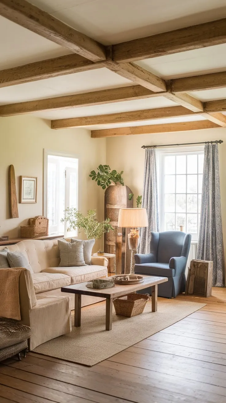 Cream walls, wooden beams, and vintage French accents create a cozy farmhouse living room.