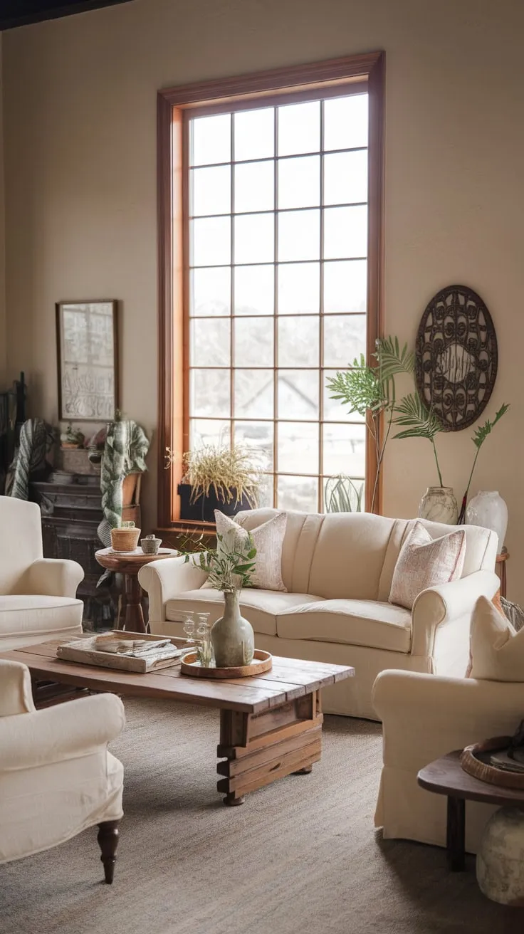 Natural light floods a cozy farmhouse living room, highlighting cream furniture and vintage charm.