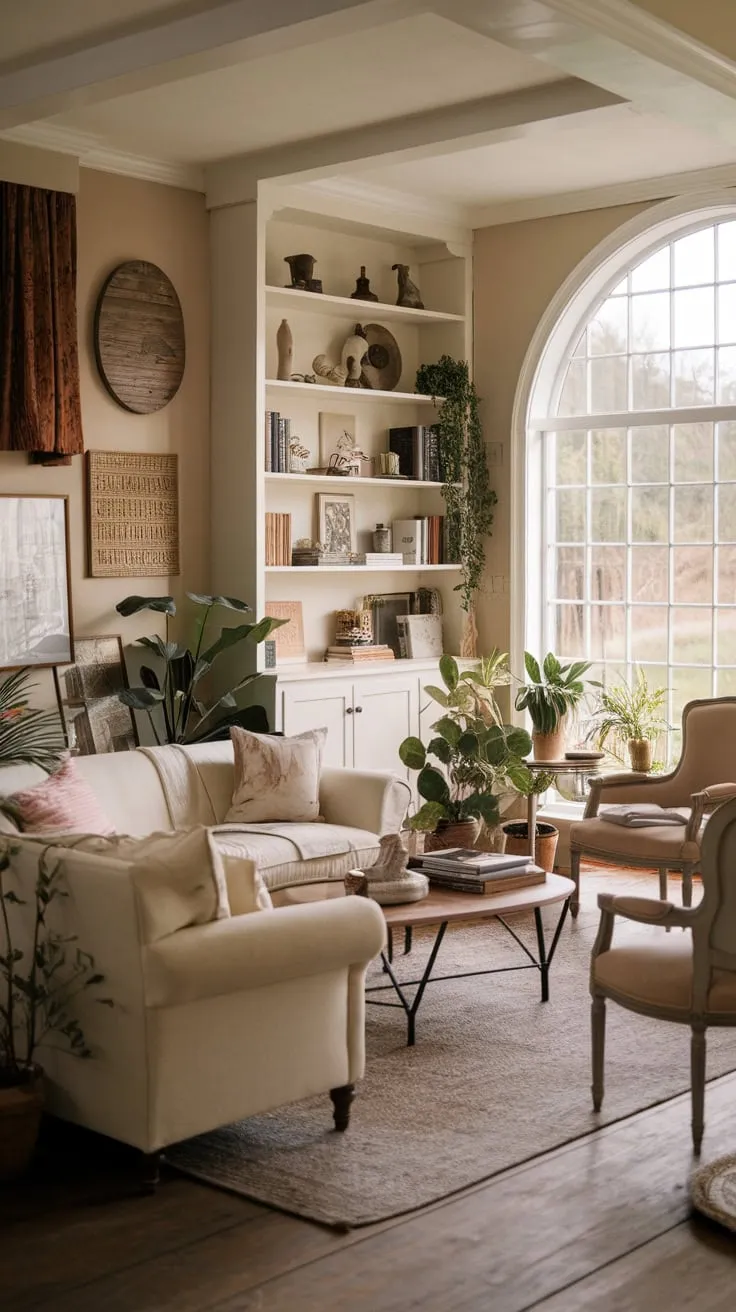 Soft light bathes a cozy farmhouse living room, its vintage charm enhanced by a cream sofa, wooden floors, and a nature-filled arched window