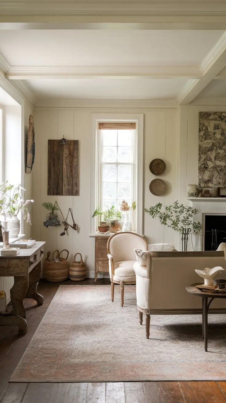 A beige sofa, wooden accents, and patterned rug define this inviting farmhouse living room's peaceful atmosphere.